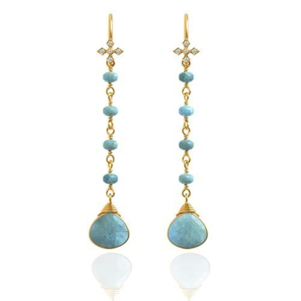 1528 Aquamarine Earrings in Heart Long Dangle Shape - 18K Gold Vermeil